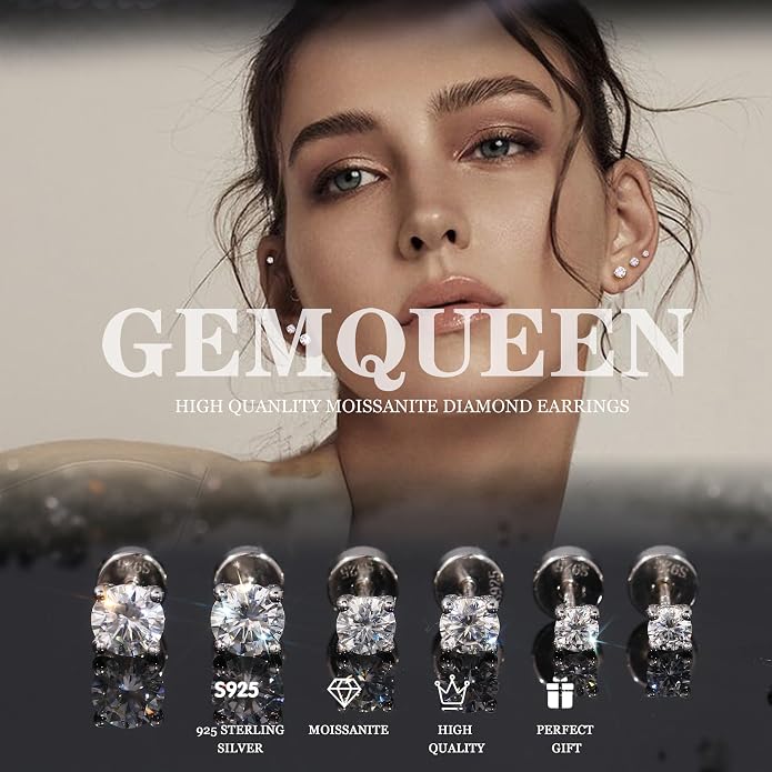 GEMQUEEN 3/4 Pairs Moissanite Earrings Studs 14K Gold Plated S925 Sterling Silver Flat Back Earring for Women Men - Hypoallergenic Set Cartilage Helix Piercing Jewelry Trendy D Color VVS1