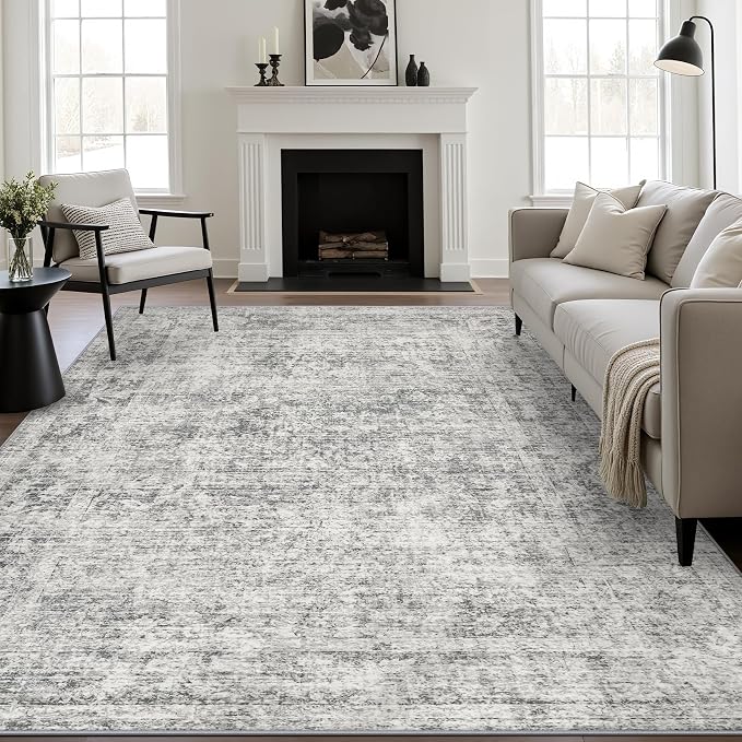 8x10 Area Rug Living Room Rug: Washable Modern Abstract Soft Thin Rug Indoor Floor No Slip Carpet for Bedroom Dining Room Farmhouse Nursery Home Office - Retro Black Grey