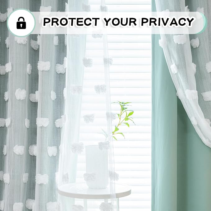 MYSKY HOME Green Blackout Curtains 84 Inches Long for Living Room Decor Kids Curtains for Boys Bedroom Double Layer Drapes White Pom Pom Sheer Back Tab Room Darkening, Aqua, 52 x 84 Inch 2 Panels