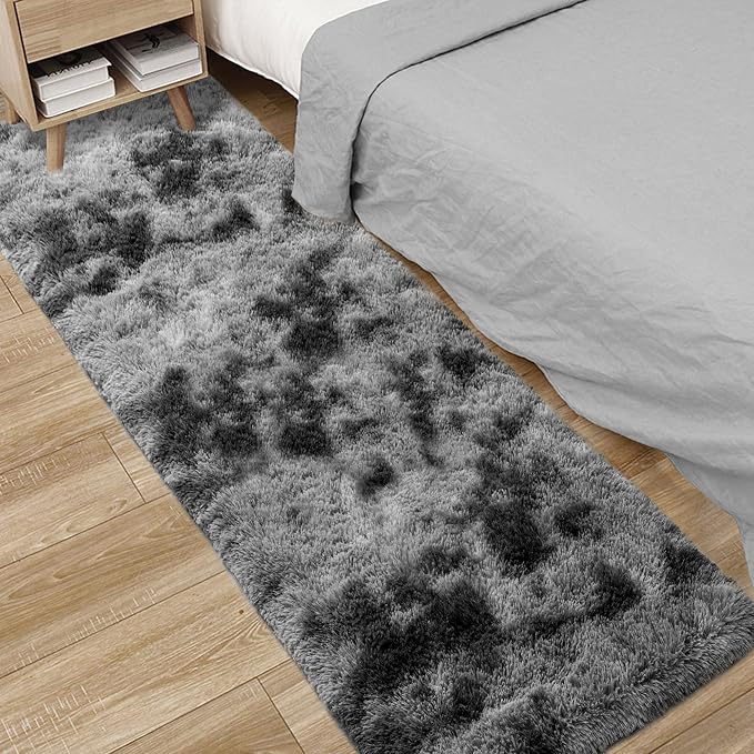 2x6 Fluffy Soft Runner Rug for Bedroom Living Room, Dark Grey and Black Carpet Runners for Hallways Non-Slip Shaggy Bedside Long Rug, Fuzzy Shag Bedroom Runner for Kids Room Dorm Nursery