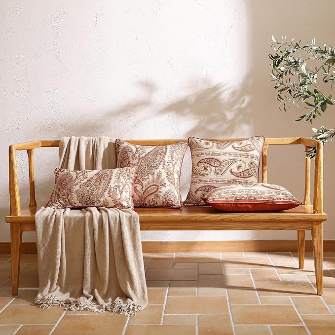 ISAENNE Designer Elegant Linen Throw Pillow Cover,Set of 4-Chauffrey ABAC | French Cottage Pillow Cover,Concealed Zipper,Cashew Pattern,Sofas,Bedroom,Living Room,Lounge Chairs,All Season Home Decor