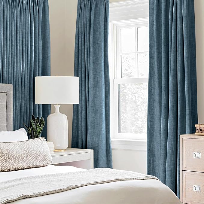 MIULEE Linen Texture Curtains for Bedroom Solid 100% Blackout Thermal Insulated Dusty Blue Curtains Grommet Room Darkening Drapes Luxury Decor for Living Room 52x72 Inch (2 Panels)