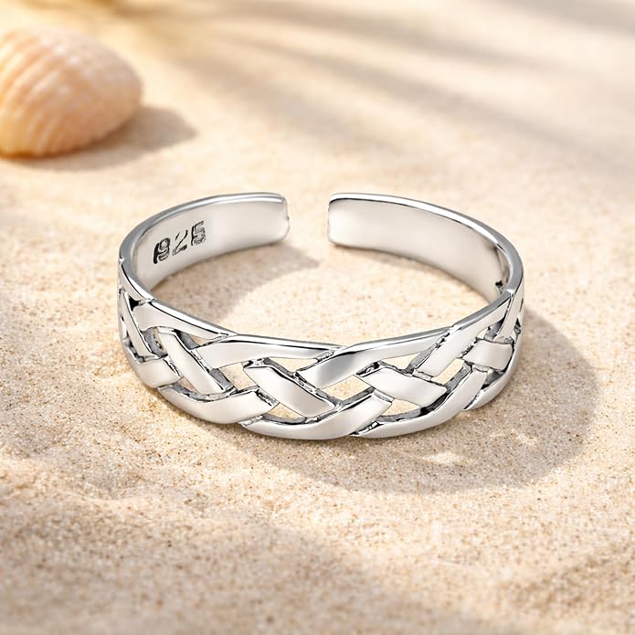 AeraVida .925 Sterling Silver Adjustable Toe Ring or Pinky Ring 5mm Wide Open Band, Stackable Minimalist Summer Foot Jewelry | Sun Moon Star Turtle Butterfly Leaf Olive Branch Ocean Wave Yin Yang Design