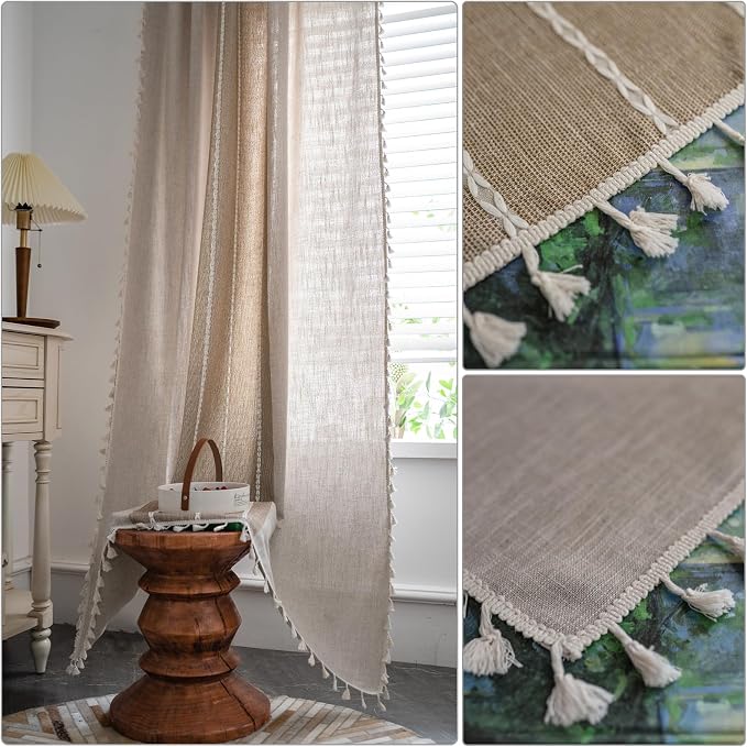 ColorBird Boho Curtains Linen-Textured for Living Room Bedroom Natral Brown Tan Light Filtering Farmhouse Embroidered Striped 63 Inch Curtains & Drapes for Dining Room Kitchen Window Treatment