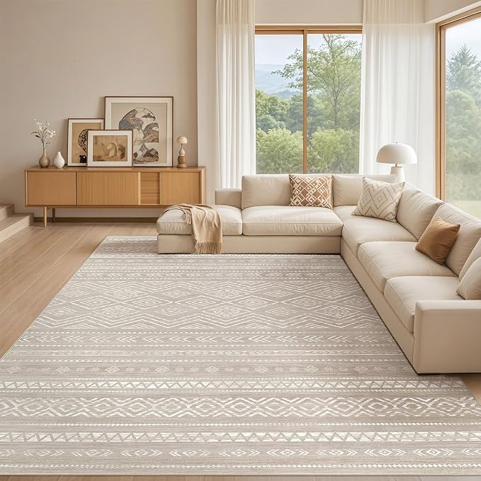 Tortania Area Rug Living Room Rugs - 10x12 Washable Large Soft Neutral Boho Moroccan Bohemian Farmhouse Rug Indoor Floor Carpet for Bedroom Under Dining Table Home Office Decor - Taupe
