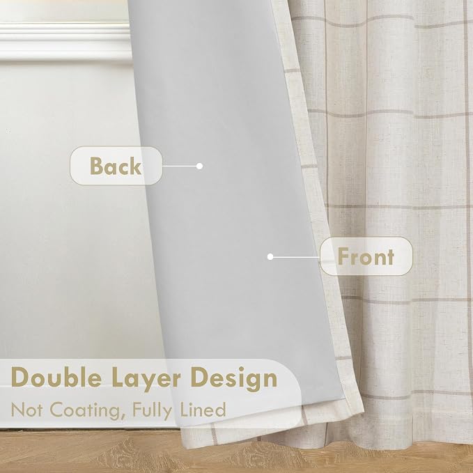 DriftAway 100% Blackout Plaid Linen Curtains 102 Inches Long 2 Panels Taupe | 100% Blackout, Linen Texture, Plaid Pattern, Two Layers, Rod Pocket & Back Tab, Bedroom Living Room Use, Luxury Appearance