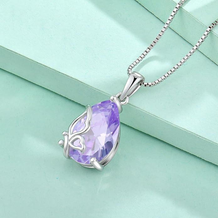 Teardrop Necklace 925 Sterling Silver Butterfly Pendant Necklace Birthstone Jewelry for Women