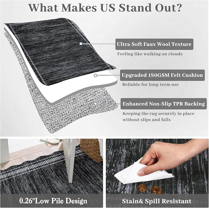 Garvee Black Scallop Area Rug 5x7 Washable Rugs for Bedroom Neutral Rug | Soft Low Pile Solid Rug, Bedroom Throw Carpet Stain Resistant Classic Area Rug Boho Rugs for Kitchen Nursery