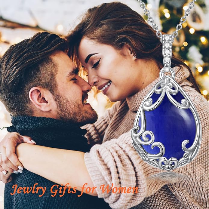 HPQQ Teardrop Necklace 925 Sterling Silver Filigree Gemstone Pendant Necklace Fine Jewelry Birthday Mother's Day Gifts for Women Her Mom