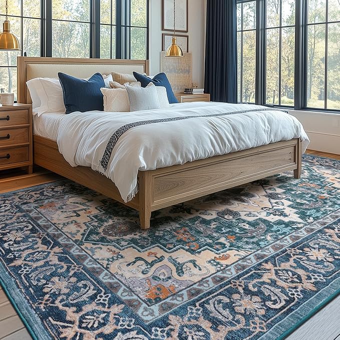 Lessymo 8 x 10 Area Rugs for Living Room, Machine Washable Area Rugs Boho Faux Wool Low Pile Area Rug for Bedroom, Floral Medallion Vintage Rugs with Non-Slip Rubber, Kid & Pet Friendly,Dark Green
