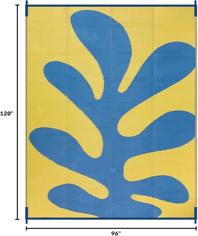Lahome Coastal Coral 8x10 Outdoor Beach Pool Rug, Plastic Camping Rugs for Outside Your Rv, Lightweight Waterproof Outdoor Carpets for Picnic Patio, Blue/Yellow 8'x10'