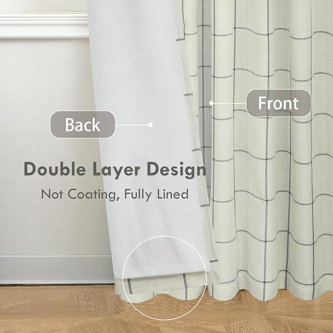 DriftAway 100% Blackout Plaid Linen Curtains 108 Inches Long 2 Panels Black | 100% Blackout, Linen Texture, Plaid Pattern, Two Layers, Rod Pocket & Back Tab, Bedroom Living Room Use, Luxury Appearance