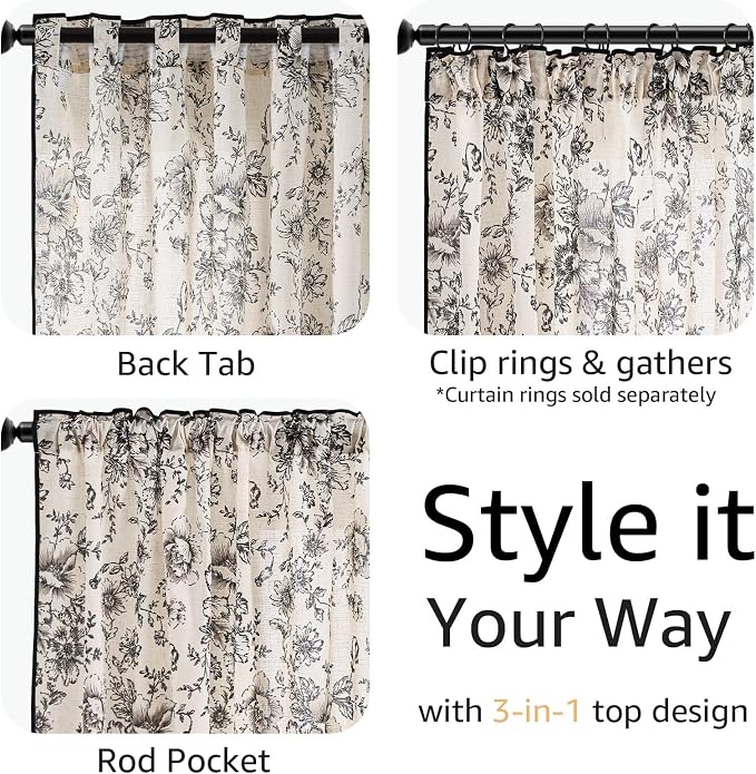 jinchan Floral Linen Curtains with Black Trim 96 Inch Back Tab 2 Panels | Light filtering drapes, semi sheer, french country, farmhouse, vintage, living room, bedroom, rod pocket, window treatment