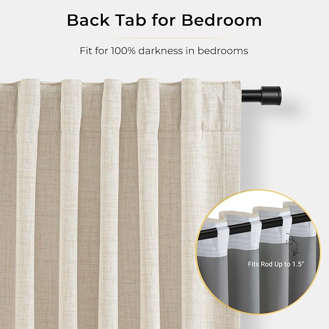 INOVADAY 100% Blackout Curtains for Bedroom, Cream Black Out Curtains 96 Inch Long, Clip Rings Linen Blackout Drapes, Thermal Insulated Room Darkening for Living Room, 1 Panel - W102xL96