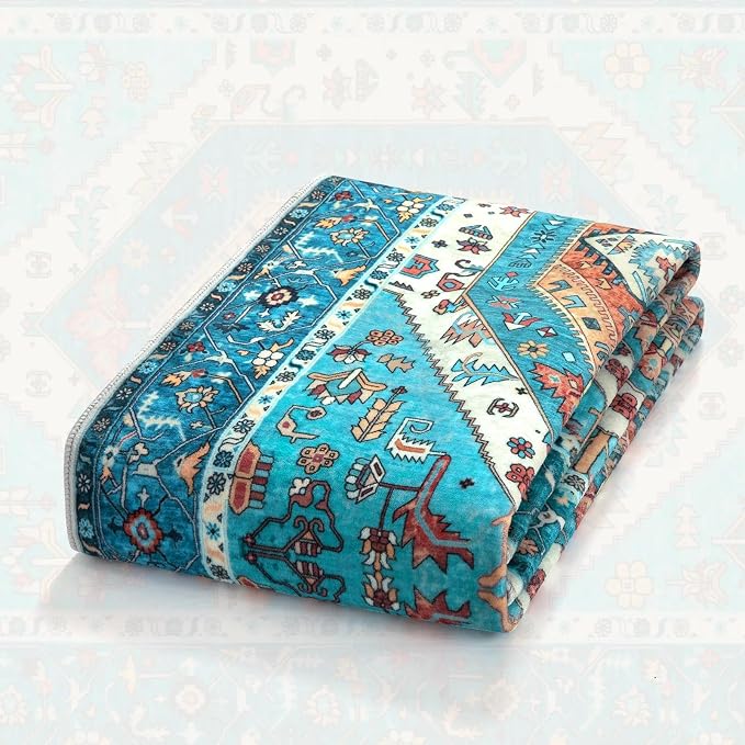 SERISSA 2x4 Boho Rugs for Entryway, Washable Non-Slip Kitchen Runner Rug, Ultra Soft Small Area Rug Vintage Blue Low-Pile Door Mat Indoor Entrance Carpet for Bedroom Hallway Laundry Room
