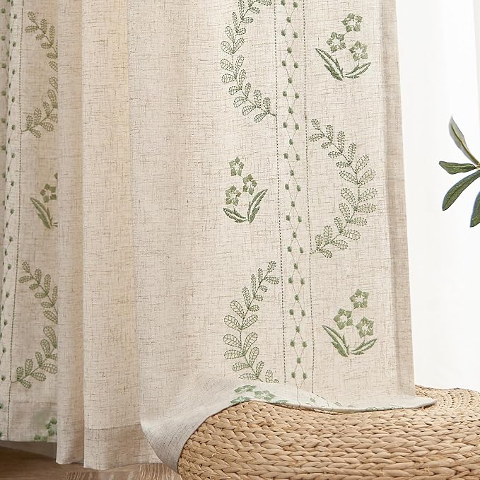 jinchan Floral Linen Curtains 72 Inch Back Tab 2 Panels Sage Green | Embroidered curtains,boho curtains,living room,bedroom,light filtering,privacy,flower patterned drapes,window treatment