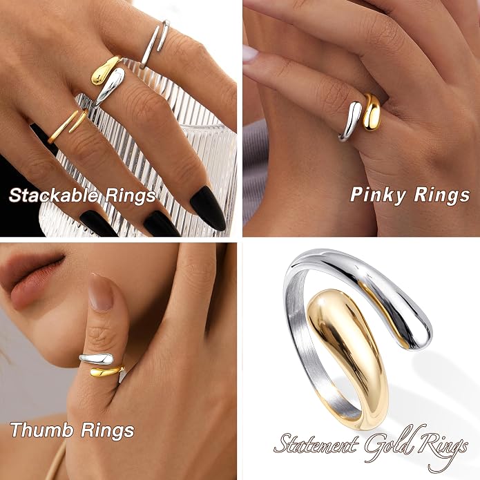 Non Tarnish Gold Chunky Rings for Women, 14K Gold Plated Statement Dome Rings Stacking Silver, Adjustable Mens Eternity Wedding Band Mixed Metal Jewelry Size 3-13