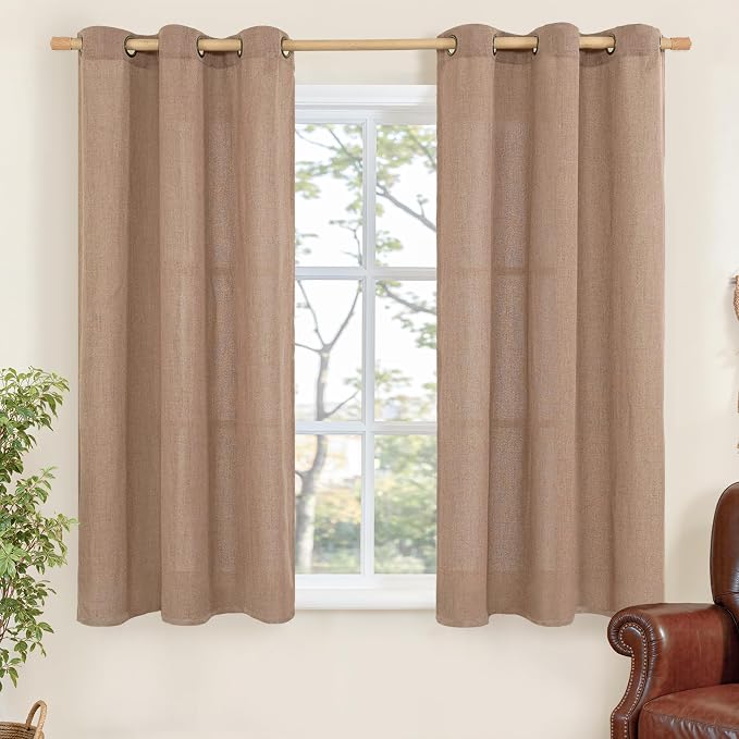 YoungsTex Mocha Brown Linen Curtains 48 Inch Length, Short Semi Sheer Drapes with Grommet Light Filtering for Bedroom Living Room Window, 2 Panels, 42 X 48 Inch