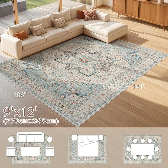 Tortania Area Rug Living Room Rugs - 9x12 Washable Boho Rug Vintage Oriental Distressed Farmhouse Large Thin Indoor Carpet for Living Room Bedroom Under Dining Table Home Office - Aqua Multi