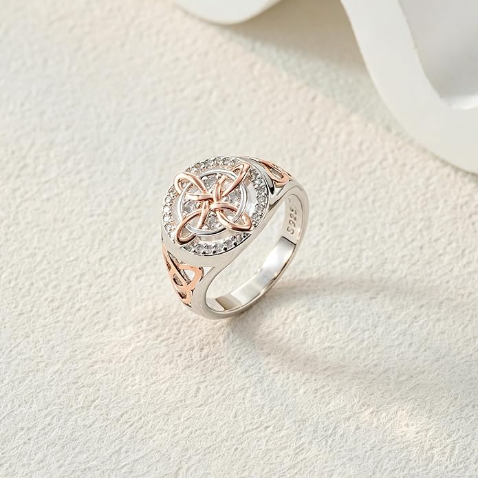 925 Sterling Silver Ring for Women Celtic Knot Design - Rose Gold and White Gold Plated Cubic Zirconia Statement Ring - Jewelry Gift for Her - Size 6-10
