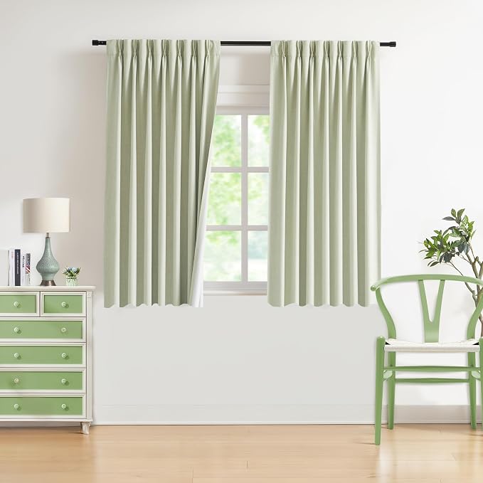 WEST LAKE Pinch Pleated Full Blackout Curtain Panels 63 Inches Long | Soft Green Linen Blended Drapes for Bedroom Living Room,Energy Efficient Window Treatment,Back Tabs Hooks,40"Wx63"Lx2