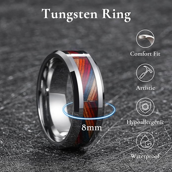 King Will Mens 8mm Black Silver Tungsten Rings, Men's Wedding Rings Fishing Line Inlay Beveled Edge Ring for Men Women, Comfort Fit, Durable