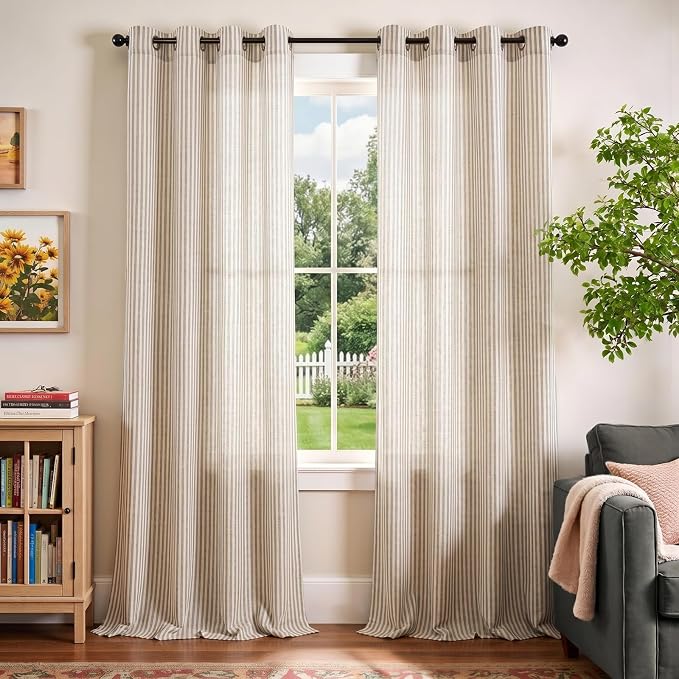 Vangao Linen Striped Curtains for Living Room Bedroom Farmhouse Tickingstripe Light Filtering Window Curtains Printed Drapes Grommet Top 2 Panels Taupe Grey W50 x L96 Inch