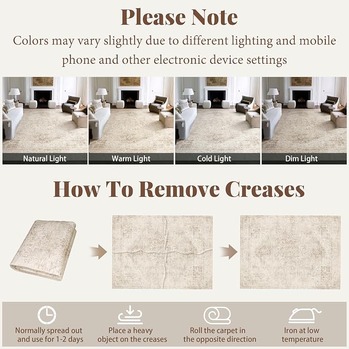 Machine Washable Rugs for Living Room: 10x14 Area Rugs for Bedroom Ultra Soft Non-Slip Low Pile Vintage Distress Boho Large Carpet for High-Traffic Dining Room - Farmhouse Decor