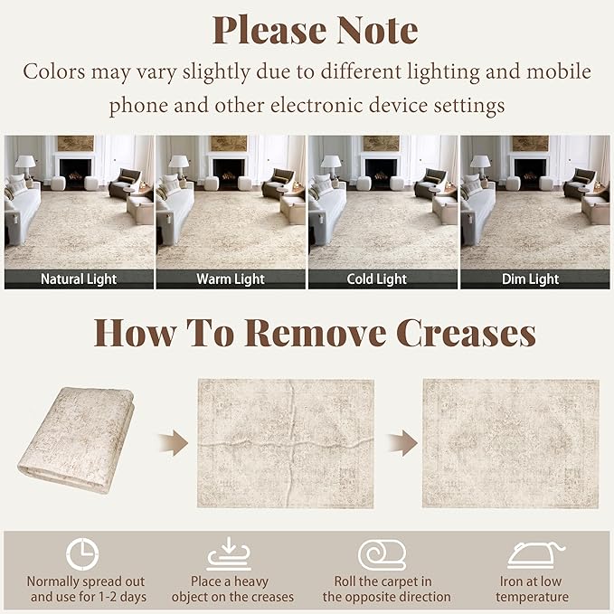 Machine Washable Rugs for Living Room: 8x10 Area Rugs for Bedroom Ultra Soft Non-Slip Low Pile Vintage Distress Boho Large Carpet for High-Traffic Dining Room - Farmhouse Decor