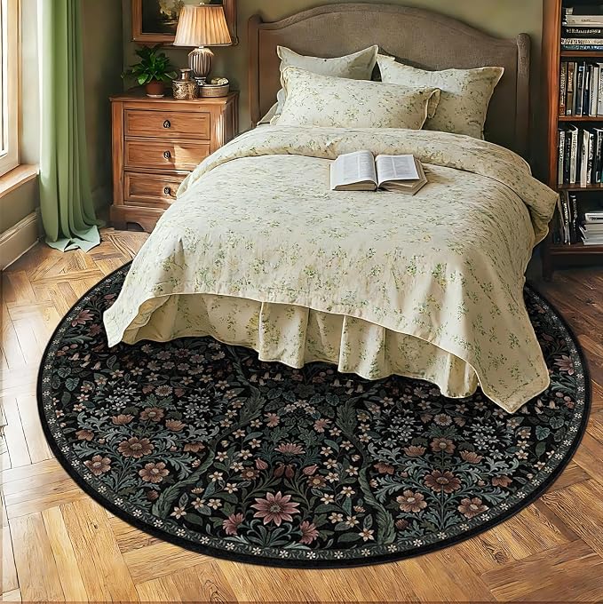 Round Rug 8ft Black Washable Floral Circle Rug,Vintage Boho Botanical Round Area Rugs, Non-Slip Soft Low-Pile Circular Carpet for Bedroom,Kids Room,College Dorm,Home Decor