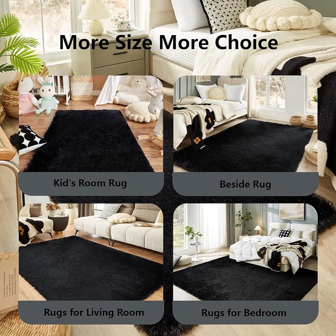 Floralux 5x7 Rug for Bedroom in Black, Ultra-Soft Fluffy Shag Area Rugs for Living Room, Modern Non-Slip Shaggy Floor Carpet for Teens Dorm, Bedside, Playroom, Nursery, Home Decor Aesthetic