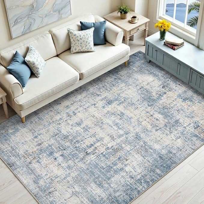 3x5 Area Rugs Washable Living Room Rug-No Slip Soft Carpets Modern Abstract Coastal Indoor Floor Stain Resistant Carpet for Bedroom Dining Room Farmhouse Nursery Home Office Blue
