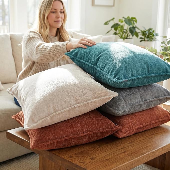 12x20 Inches Throw Pillow Covers Set of 4 Soft Textured Chenille Decorative Cushion Cases for Couch Sofa Bed Modern Farmhouse Neutral Accent Covers with Hidden Zipper Colorful
