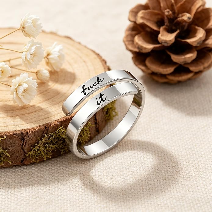 I Fcking Love You Ring, Stainless Steel Engraved Inspirational Words Heart Open Adults Women Vintage Promise Rings Lover Wife Jewelry