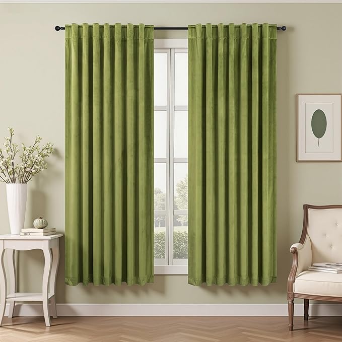 Moss Green Boho Velvet Curtains 63 Inch Length for Boys Bedroom 2 Panels Back Tab Rod Pocket Heavy Duty Heat Cold Blocking Light Dampening Drape for Kitchen Bathroom Laundry Closet Playroom 52x63 Long