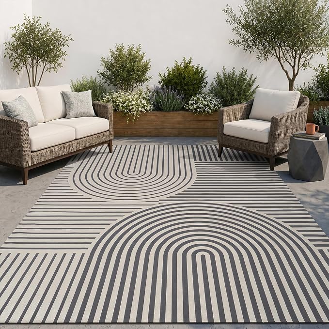 AMOAMI Outdoor Rug Patio Rug 9x12 ft Quick Dry Flatweave Textured Machine Washable Outdoor Carpet with Rubber Particles Backing Boho Outdoor Area Rug for Patio Deck Front Porch Balcony Greyish Black