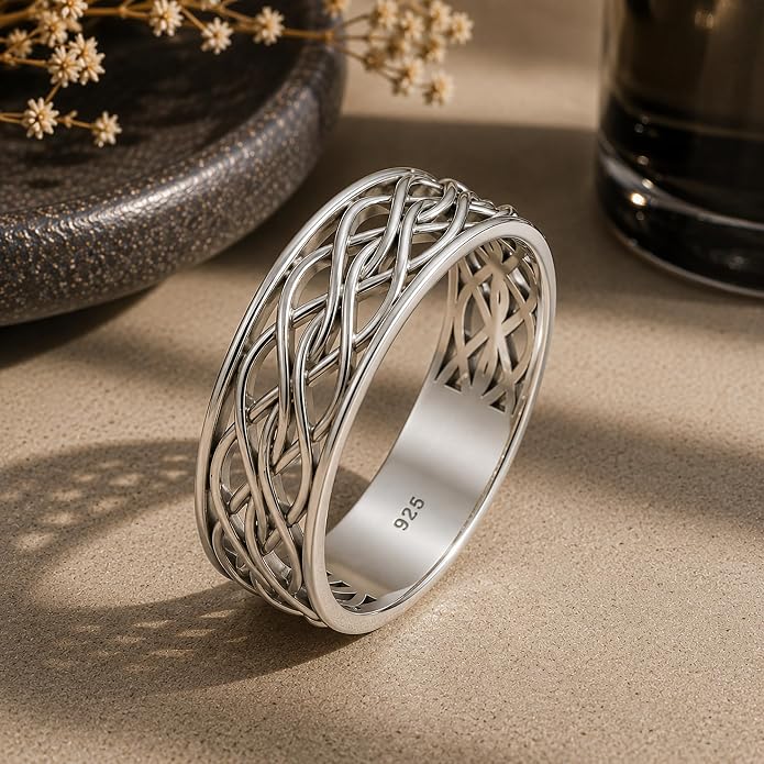 Endless Irish Celtic Knot Ring - 925 Sterling Silver - Eternity Love Viking Wedding Bands - Unisex Woven Braided Rope Thumb Rings - Norse Nordic Jewelry for Men Women
