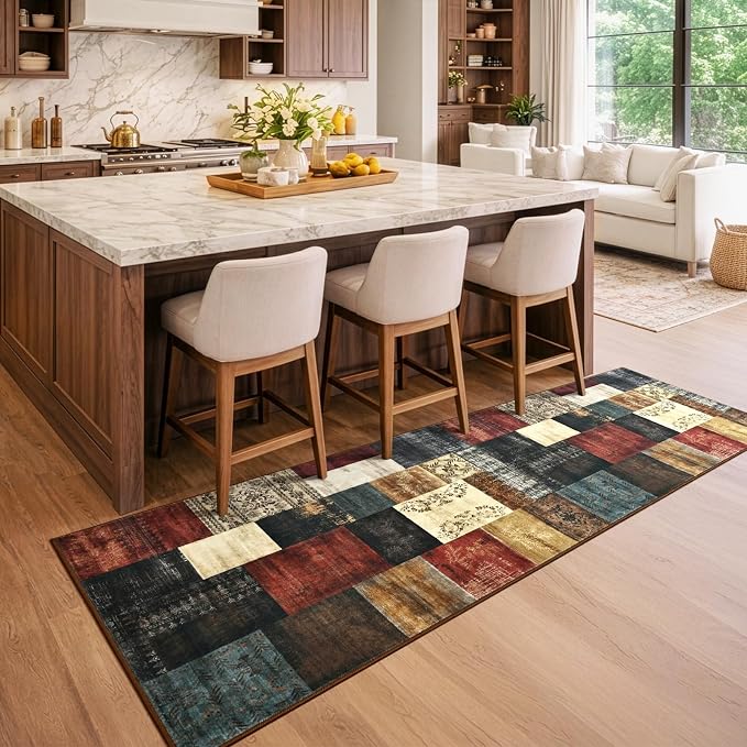 DweIke Runner Rug for for Hallways, 2'x6' Washable Kitchen Rugs with Non Slip Rubber Backing, Soft Low Pile Non-Shedding Geometric Carpet for Laundry Bedroom Bathroom, Colorful