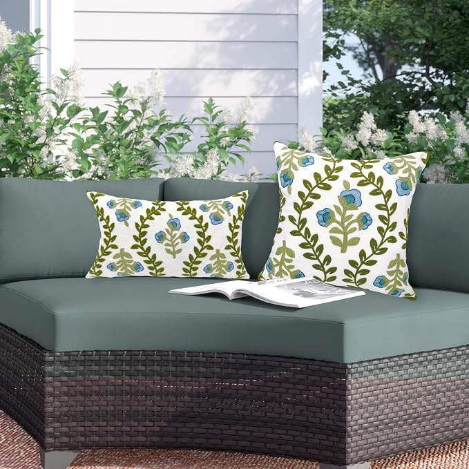 Alysheer Floral Embroidered Summer Decorative Throw Pillow Cover 18"x 18", Farmhouse Cottage Blue Flowers Green Leaves Knit Pattern Cotton Canvas Cushion Case for Sofa Couch Bed Living Room Decor