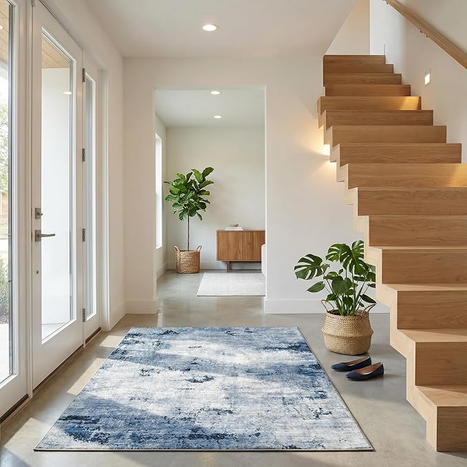 Washable Area Rug, Non-Slip Abstract Distressed Rugs, Ultra Soft 0.26" Low Pile Carpet for Entryway Bedroom Bedsides, Water-Resistant & Foldable, 3'x5', Blue