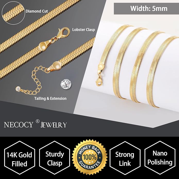 NECOCY 14K Gold Plated Necklaces for Women, Dainty Gold Herringbone Choker Necklace Thin Layered Snake Chain Jewelry for Gifts