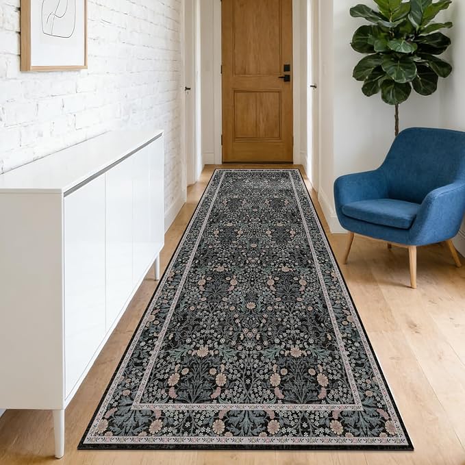 Washable 2' x 6' Runners for Hallways, Non Slip Long Floor Runner for Kitchen, Entryway Indoor, Stain Resistant Rubber Backing Floral Decor Rug (Black)