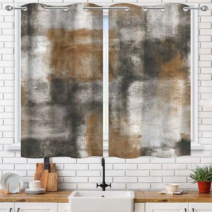 Asuexpect Abstract Kitchen Curtains 2 Panels Abstract Rust Curtain Room Darkening Grommet Window Drapes Modern Decorative Window Treatments, 26x36 Inches, Tan