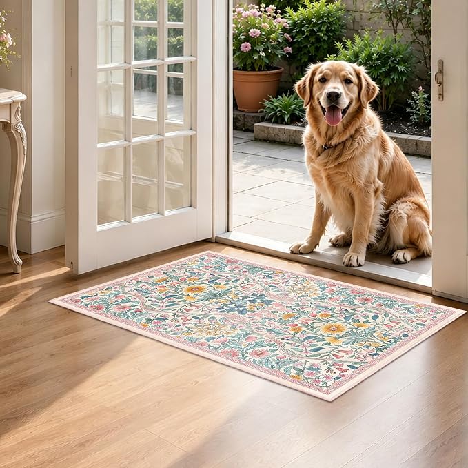 Floral 2x3 Entryway Rug,Washable Front Door Mat Indoor Non Slip Low Pile Small Carpet, Soft Pink Boho Botanical Throw Rug for Bathroom Bedroom Kitchen Laundry Indoor Entrance