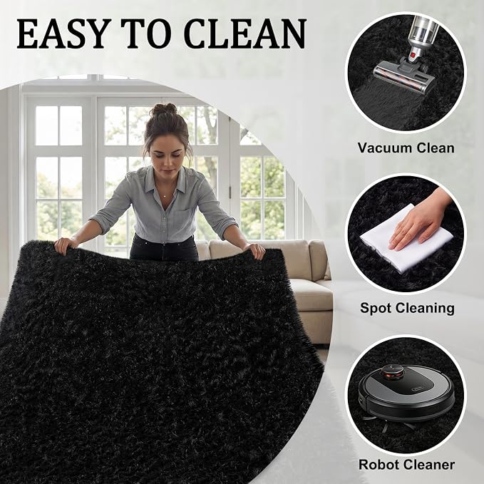 8x10 Area Rugs for Living Room Bedroom: Soft Fluffy Shag Rugs Upgrade Non-Slip High Pile Carpet Large Fuzzy Plush Indoor Floor Shaggy Carpets for Nursery Kid Playroom Office Dorms Home Decor Black