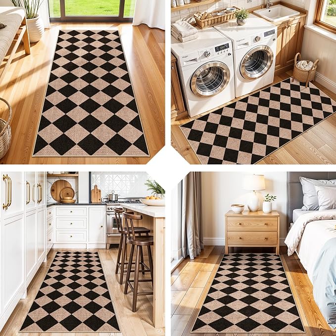 Easy Jute 2x5 Runner Rug: Non Slip Checkered Machine Washable Entryway Mats | Low Pile Indoor Doormat Kitchen Bathroom Carpet Dorms Small Spaces Ideal Young Families First Home Textured (Black/Brown,2x5)