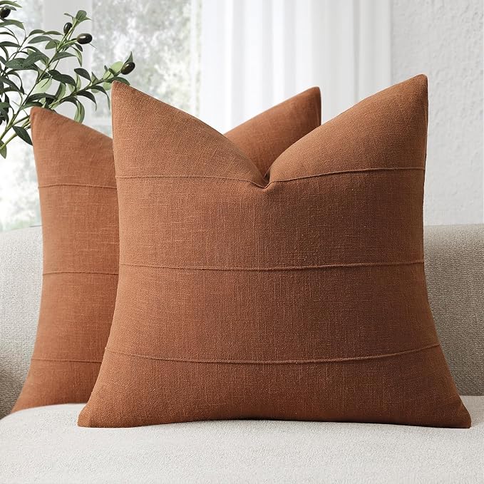 Decorative Linen Throw Fall Pillow Covers 18x18 Set of 2 Solid handcrafted Striped Cushion Covers for Bed Soft Modern Farmhouse Neutral Pillowcase for Couch Bedroom Living Room Home Fall Decor(Rust)