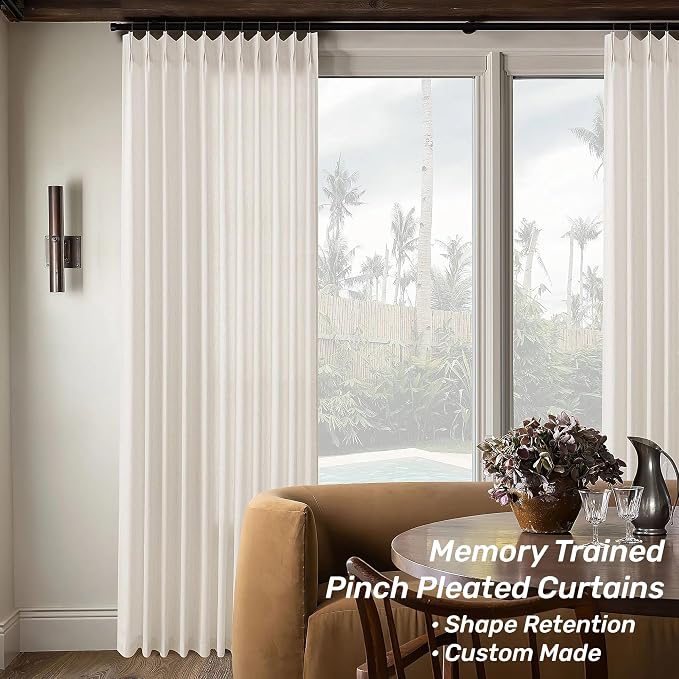 72x105 Extra Wide Extra Tall Pinch Pleated Linen Curtains Semi Sheer | Custom, Memory Trained, Privacy Drapes, for Living Room, Neutral Elegant, Floor to Ceiling Curtain, Hooks Rings, Back Tab