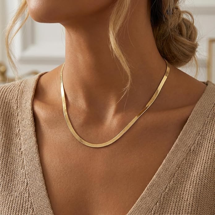 14K Gold/Silver Plated Stainless Steel Herringbone Necklace for Women, Dainty Snake Chain Choker, Trendy Simple Long Layered Jewelry, Non Tarnish 4mm Flexible Flat Necklace, Made in Italy