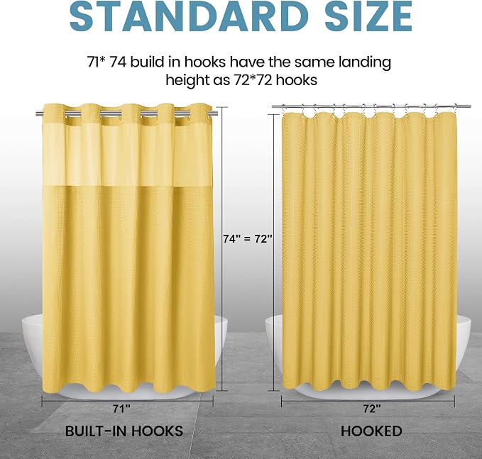 EUTXL 256GSM Heavyweight No Hook Shower Curtain with Snap in Liner,Waffle Weave Shower Curtains for Bathroom,71W x 74H,Yellow